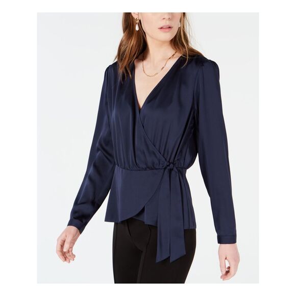 BAR III Tops - BAR III Womens Navy Tie Waist Long Sleeve V Neck Faux Wrap Top XXL
